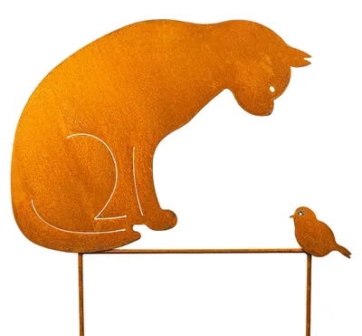 Tuinsteker Katze mit Vogel, Rostoptik, 50 cm, Metall