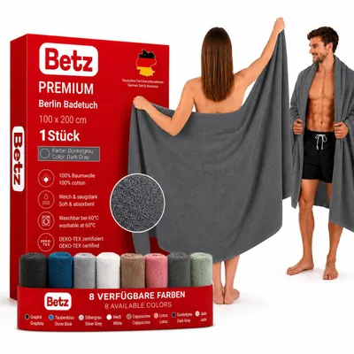 Immagine prodotto di Asciugamano da bagno Betz XXL 100x200 cm – Asciugamano da sauna e da spiaggia in 100% cotone, 360 g/m² – altamente assorbente e morbido – asciugamano grande con gancio – Berlino-grigio scuro
