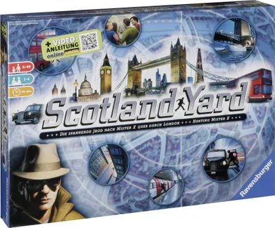 The image shows the box of the board game Scotland Yard, featuring iconic London landmarks and imagery related to the game.