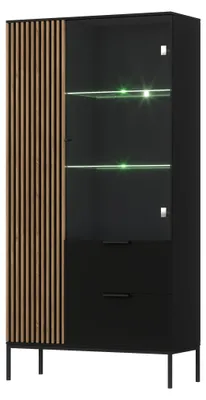 Produktbild von Vitrine METEOR 100 cm mit Glaselement und 2 Schubladen, Vitrinenschrank Schwarz / Eiche Artisan, 200 cm hoch