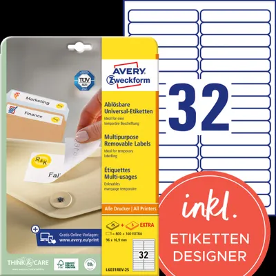 Produktbild von Avery Zweckform L6031REV-25 Universal-Etiketten, ablösbar, A4 96 x 16,9 mm, weiß