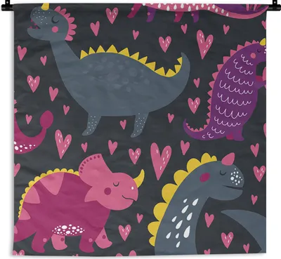 Produktbild von MuchoWow® Wandteppich Wandbehang Dinosaurier - Kind - Muster - Rosa - Mädchen 90x90 cm Tapisserie Dekoration Wandtuch - Wandaufhänger