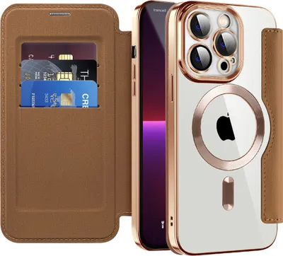 Produktbild von Klapphülle für iPhone 13 Pro Kompatibel mit Magsafe, Klar Überzug Kartenhalter Ledertasche mit Kameraschutz Braun