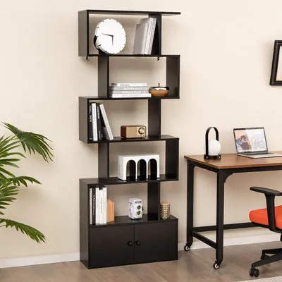 Produktbild von Bücherregal mit Türen & 5 Ebenen Standregal aus Holz 183 x 70 x 23 cm Raumteiler Schwarz