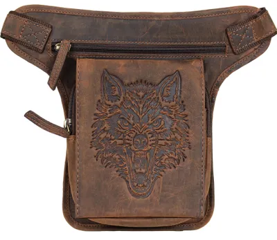 Produktbild von Motorrad Leder Beintasche Herren Biker Tasche Hüfttasche Wolf Prägung (Braun)