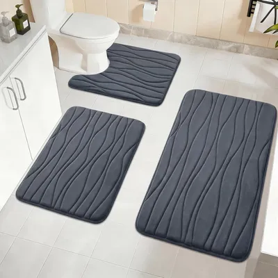 Produktbild von Badematten Set 3-teilig, Memory-Schaum, wasserabsorbierend, rutschfest, dunkelgrau, für Badezimmer