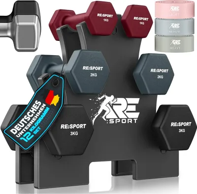 Immagine prodotto di RE:SPORT® Set di manubri da 12 kg con 2×1 kg, 2×2 kg e 2×3 kg incl. supporto e 3 bande fitness | Manubri in neoprene antiscivolo per uomo e donna | Set di manubri per manubri