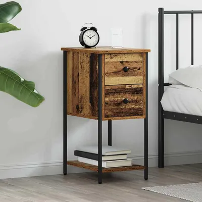 A bedside table with two drawers and a shelf, placed next to a bed. An alarm clock and a glass of water are on top of the table.