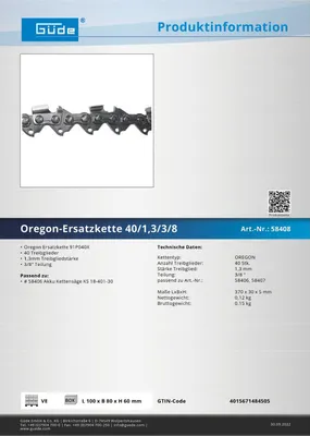 Güde Ersatzkette Oregon 91P040X zu #58406 Akku Kettensäge KS 18-401-30 370896 58408 351486 4015671484505 stabilo-fachmarkt.de