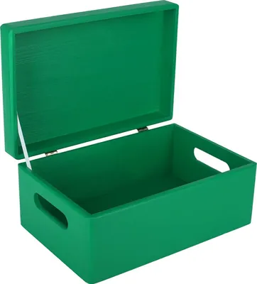 An open green wooden storage box with handles and a lid, shown against a white background.