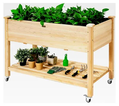 Produktbild von Hochbeet mit Rollen, Gartenbeet mit Ablage und Abflusslöchern, Pflanzbeet aus Tannenholz für Garten und Terrasse, Natur (mit Rollen, 120x59x84 cm)
