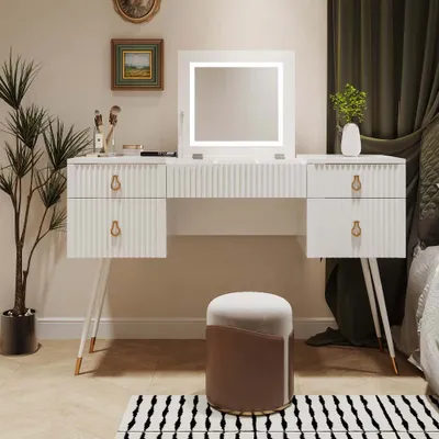 Produktbild von AIORBER Schminktisch mit LED-Spiegel und 4 Schubladen,verstellbare Helligkeit,vergoldete Metallbeine,120x45x121cm,für Schlafzimmer,Ankleidezimmer,Weiß