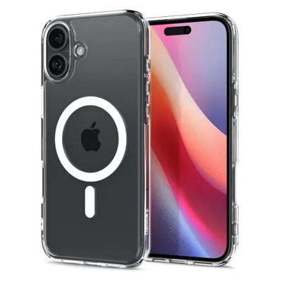 A clear protective case for an iPhone with MagSafe technology is shown.
