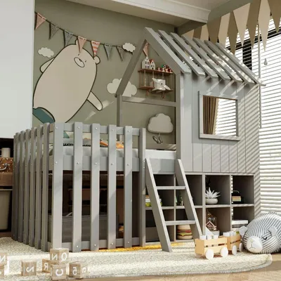 Produktbild von Kinderhochbett 90x200cm aus Massivholz in Grau mit Dach, Fenster, offenem Stauraum und Kletterleiter, Hausbett für Kinderzimmer