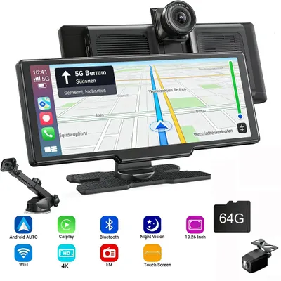Image de AVYLET 9,26 pouces - Autoradio FM portable 1600 x 600 avec caméra embarquée 4K, CarPlay, Android Auto, caméra intégrée, Bluetooth 5.0 et prise AUX