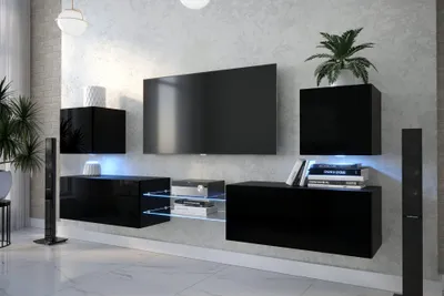 Produktbild von Furnitech Wohnwand Wohnzimmer - Wohnzimmer Möbel mit LED Weiß - Hängend Wohnwand Modern - Wohnzimmer Schrankwand(D144N-21B-HG1-1C)
