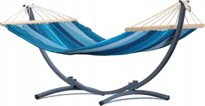 Produktbild von Potenza Stabhängematte mit Gestell, Einfache Montage, Stahlgestell, Baumwolle/Polyester Hängematte, Wetterfest für Innen & Außen, Gestell 250x98x110cm, Hängematte 200x120cm, Traglast 120kg