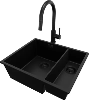 Produktbild von PRIMAGRAN Granitspüle Alles Schwarz 56x47cm, Spülbecken 1,5 Becken + Küchenarmatur 40x20cm + Ablauf-Set, Küchenspüle ab 60er Unterschrank - London Slim Duo