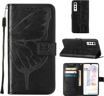 Produktbild von LG Velvet 2 Pro Hülle, Schmetterling Prägung Flip Leder Kartenfächer Schutzhülle Ledertasche mit Ständer für LG Velvet 2 Pro Schwarz