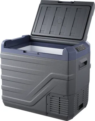 A portable refrigerator with its lid open, shown against a white background.