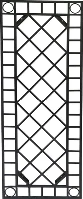 A black metal decorative panel with a lattice design.