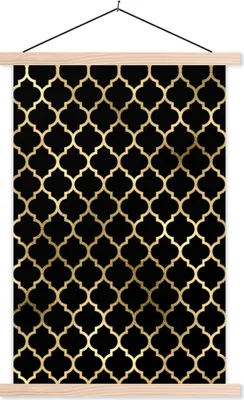 Produktbild von MuchoWow® Textilposter Muster - Gold - Schwarz 120x180 cm mit holzfarbenen Rahmen - Textil-Plakat