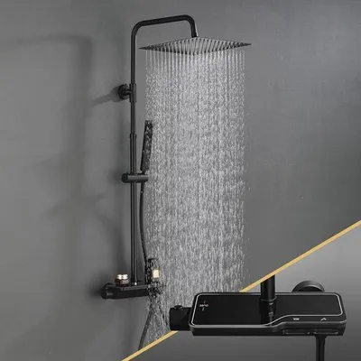 Image de Système de douche noir avec thermostat et kit de douche à effet pluie