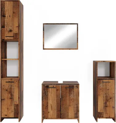 A set of bathroom furniture pieces arranged against a white background.