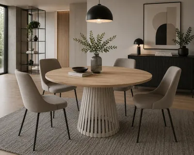 Obrázok produktu pre Moderný okrúhly jedálenský stôl Viero 90 cm z dubového dreva Sonoma – jedálenský stôl s kovovou konštrukciou v kasmírovej farbe