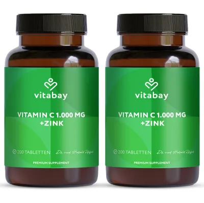 Produktbild von Vitabay Vitamin C Zink Tabletten 400 Vegane Tabletten 1000mg 2er Set - Vitamin C hochdosiert Zink hochdosiert 1000mg C+ Kapseln