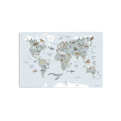 Image de Sous-main pour enfants – « Carte du monde Animaux bleu français » – 60 x 40 cm – en vinyle haut de gamme – Fabriqué en Allemagne