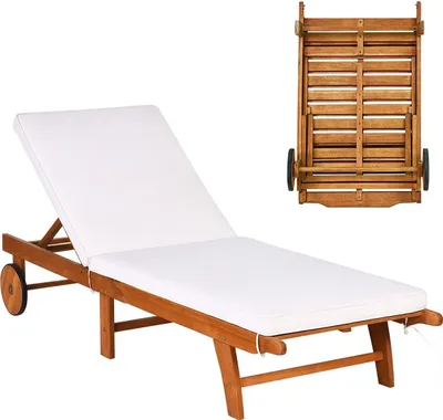 Produktbild von GOPLUS Sonnenliege mit 2 Rädern, Gartenliege Liegestuhl Stuhlsessel Belastbar bis 160 kg, mit Polster-Auflagen, Verstellbare Liege, aus Eukalyptusholz
