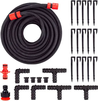 Produktbild von Grafner 30 Meter Perlschlauch Starter-Set, 28 teilig mit Erdanker, Eckverbinder, T-Verbinder, Endstopfen und Klickanschlüssen, wassersparend Bewässerungsschlauch Tropfschlauch