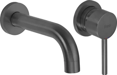 A modern bathroom faucet set with a wall-mounted spout and a separate control handle, presented against a white background.