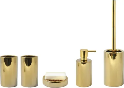 Produktbild von spirella Badezimmer Set, 5-teiliges Badzubehör aus Keramik Tube, Seifenspender, WC Bürste, Seifenschale und 2x Zahnputzbecher gold