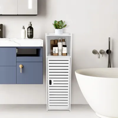 A bathroom scene with a vanity, a cabinet, and a bathtub.