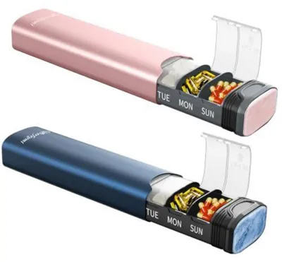 Produktbild von Tablettenbox 7 Tage Metall Medikamentenbox Pillendose Organizer Blau+Rosa 16.5cm