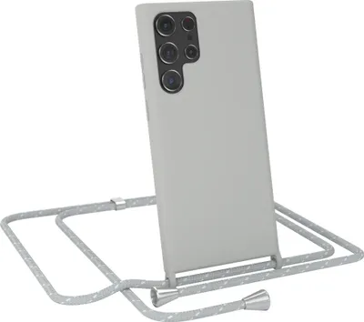 Produktbild von EAZY CASE Handykette kompatibel mit Samsung Galaxy S22 Ultra 5G Handyhülle zum Umhängen, Silikon Hülle mit Band, Schutzhülle mit Ersatzkordel, Stylische Kette für Smartphone, Hell Grau / Weiß