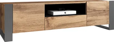 A wooden TV lowboard with gray metal legs and accents, shown against a white background.