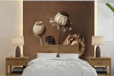 Produktbild von MuchoWow® Fototapete für Wohnzimmer oder Schlafzimmer Wandtapete Vinyl Motivtapete Blumen - Pflanzen - Trockenblumen - Braun - 350x350 cm - Schlafzimmertapete
