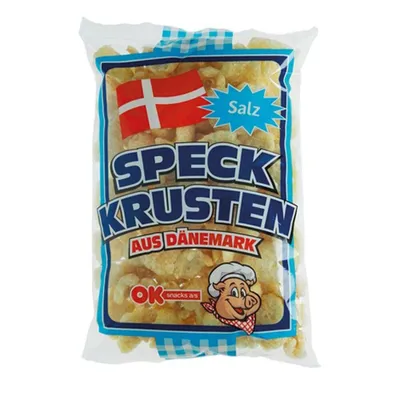 A bag of pork cracklings with Danish flag and branding.