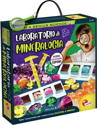 A box for a Lisciani "Laboratorio di Mineralogia" (Mineralogy Laboratory) science kit, featuring colorful illustrations of minerals, tools, and a child looking through a magnifying glass.