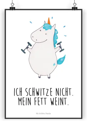 Produktbild von Mr. & Mrs. Panda Bild Einhorn Fitness DIN A4 - Weiß - Geschenk, kunstdruck poster, Abnehmen, Wandbild, Einhörner, Gym, Fitnessstudio, Unicorn, Diät, wanddeko, drucke
