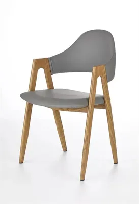A modern chair with a gray seat and backrest, supported by wooden legs and armrests, shown against a white background.