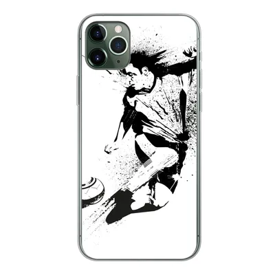 Produktbild von MuchoWow® Handyhülle Schutzhülle Hülle für iPhone 11 Pro Max Eine Illustration einer Person, die einen Fußball in Richtung Tor schießt - Jungen - Junge - Kind Silikon Softcase Handy Hülle - Schutz