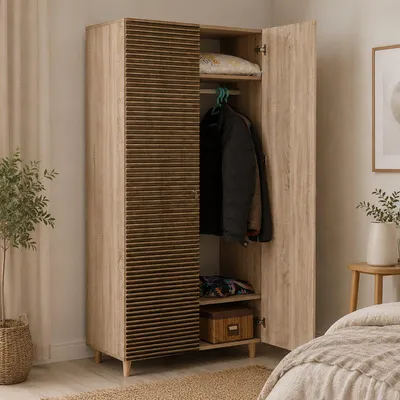 Produktbild von Kleiderschrank 2 Türen Dfrollan, Schlafzimmermöbel, Schrank, Garderobe, 90x52h192 cm, Eiche
