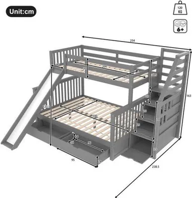 Obrázek produktu pro Dětská postel s úložným prostorem 90x200 cm a 140x200 cm, šedá, s zásuvkami a skluzavkou, vyrobená z MDF