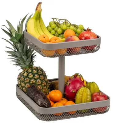Zdjęcie produktu dla eluno – półka na owoce, kwadratowy kosz na pieczywo z dwoma półkami, kosz na owoce, wymiary 25 x 25 cm i 30 x 30 cm, wykonane z metalu w kolorze taupe