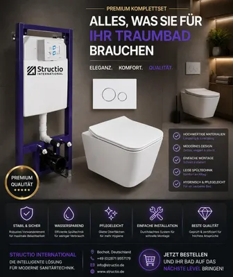 Produktbild von WC Komplettset Spülrandlos Sitz Soft Close Vorwandelement Unterputz Spülkasten Vorwandspülkasten Keramik Unterputzspülkasten Wand WC Set eckig weiß
