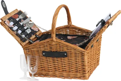 Produktbild von CampFeuer Weiden-Picknickkorb Braun mit 12-tlg. Geschirr-Set & Kühlfach für 2 Personen 38x25x37,5 cm